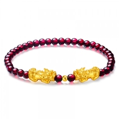 999 Gold Pixiu (Fortune Animal) & Genuine Garnet Beads Precious Gemstone with Gold Bead Bracelet